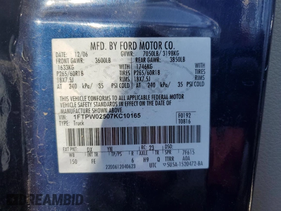 2007 Ford F-150 XLT with VIN 1FTPW02507KC10165, listed as a Copart auction lot 42901335 with 232,990 mi miles and Salvage title. Bid and sale history available at DreamBid. Image 14.