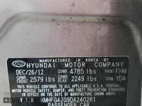 2013 Hyundai Azera с VIN KMHFG4JG9DA240281, выставлен на аукционе Copart как лот 58538595 с пробегом Не указан миль и Чистый • Clean title. История ставок и продаж доступна на DreamBid. Изображение 12.