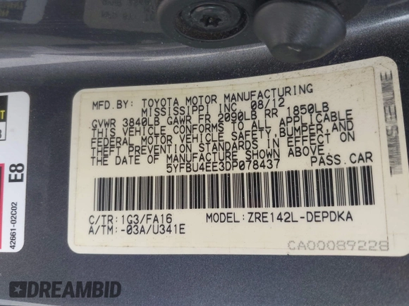 2013 Toyota Corolla L with VIN 5YFBU4EE3DP078437, listed as a IAAI auction lot 42024770 with 102,321 mi miles and . Bid and sale history available at DreamBid. Image 9.