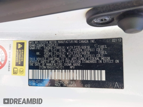 2012 Lexus RX 350 with VIN 2T2BK1BA5CC145121, listed as a IAAI auction lot 42399036 with 170,806 mi miles and . Bid and sale history available at DreamBid. Image 9.