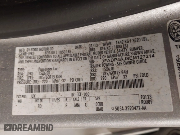 2014 Ford Fiesta S with VIN 3FADP4AJ8EM127214, listed as a IAAI auction lot 42734989 with 141,740 mi miles and . Bid and sale history available at DreamBid. Image 9.