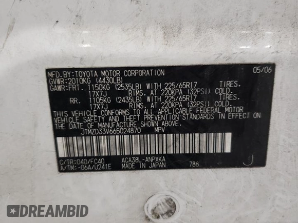 2006 Toyota RAV4 with VIN JTMZD33V665024870, listed as a Copart auction lot 54027265 with 266,613 mi miles and Salvage Title. Bid and sale history available at DreamBid. Image 13.