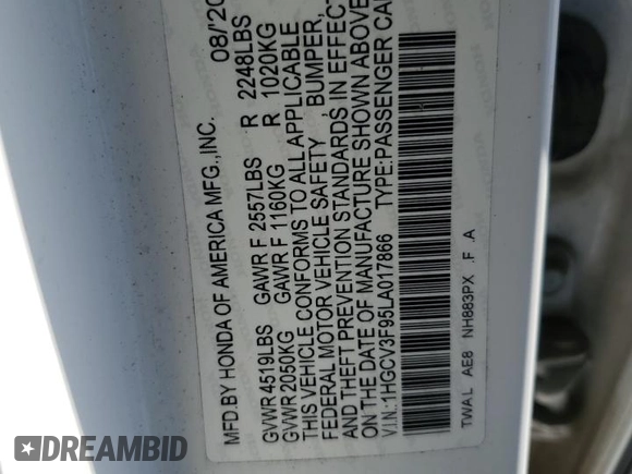 2020 Honda Accord Touring z VIN 1HGCV3F95LA017866, wystawiony jako Copart lot #43409605 z przebiegiem Nie podano mil oraz Szkoda całkowita • Salvage title. Historia ofert i sprzedaży dostępna na DreamBid. Obrazek 14.