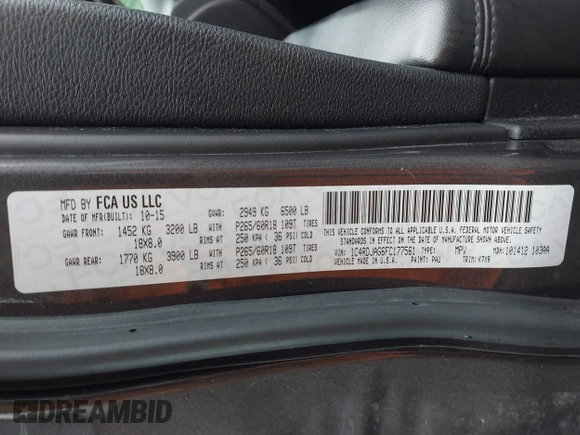 2015 Dodge Durango SXT with VIN 1C4RDJAG6FC177561, listed as a IAAI auction lot 42314437 with 104,898 mi miles and . Bid and sale history available at DreamBid. Image 9.
