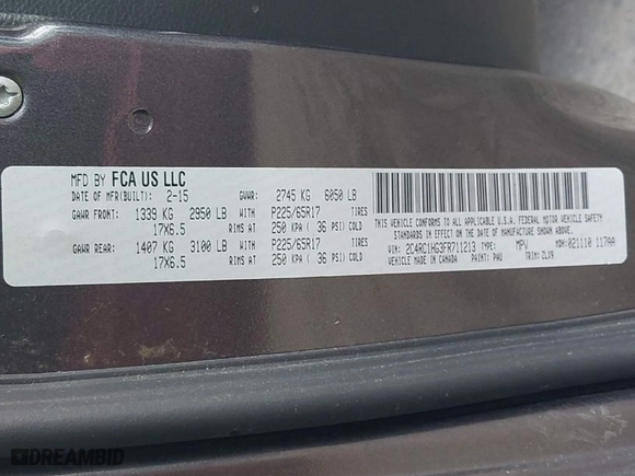 2015 Chrysler Town & Country S with VIN 2C4RC1HG3FR711213, listed as a IAAI auction lot 41830810 with 112,910 mi miles. Bid and sale history available at carsss.com. Image 9.