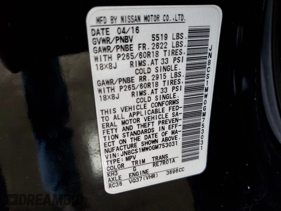 2016 Infiniti QX70 with VIN JN8CS1MW0GM753031, listed as a Copart auction lot 59922585 with 110,236 mi miles and Salvage title. Bid and sale history available at DreamBid. Image 14.