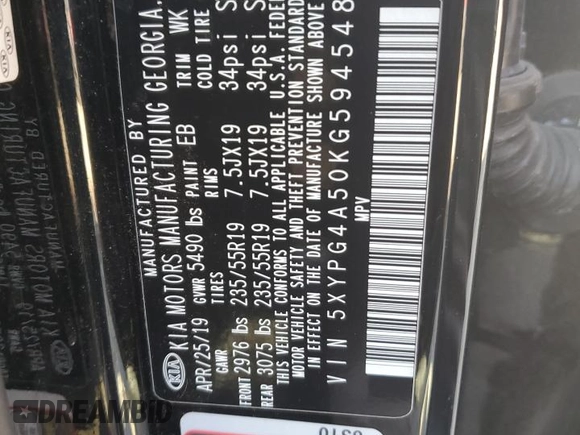 2019 Kia Sorento S with VIN 5XYPG4A50KG594548, listed as a Copart auction lot 84011434 with 98,444 mi miles and Salvage Title. Bid and sale history available at DreamBid. Image 13.