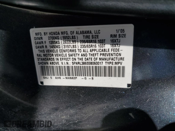 2005 Honda Odyssey EX-L z VIN 5FNRL38655B060017, wystawiony jako Copart lot #55337445 z przebiegiem 206 843 mil mil oraz Czysty tytuł • Clean title. Historia ofert i sprzedaży dostępna na DreamBid. Obrazek 13.