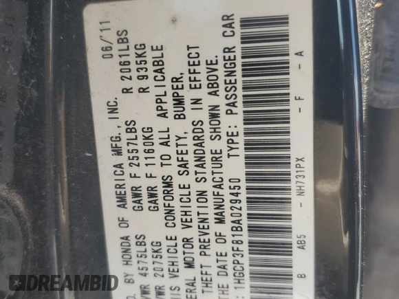 2011 Honda Accord EX-L with VIN 1HGCP3F81BA029450, listed as a Copart auction lot 62158145 with 199,491 mi miles and Clean title. Bid and sale history available at DreamBid. Image 13.