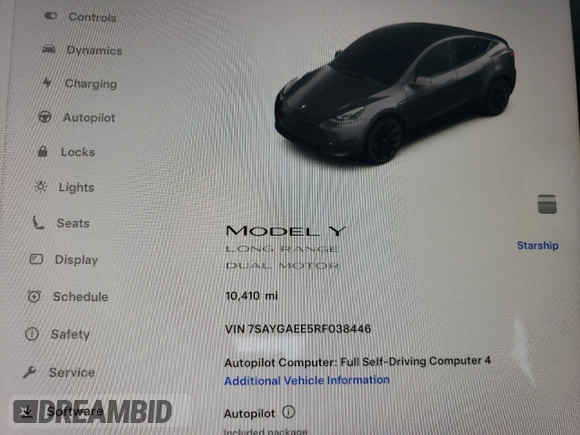 2024 Tesla Model Y Long Range with VIN 7SAYGAEE5RF038446, listed as a Copart auction lot 48868025 with 10,410 mi miles and Salvage Title. Bid and sale history available at DreamBid. Image 9.
