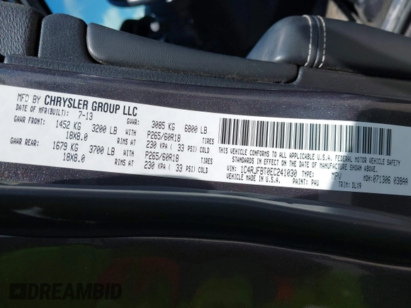 2014 Jeep Grand Cherokee Limited with VIN 1C4RJFBT0EC241030, listed as a IAAI auction lot 42617051 with 104,370 mi miles and . Bid and sale history available at DreamBid. Image 9.