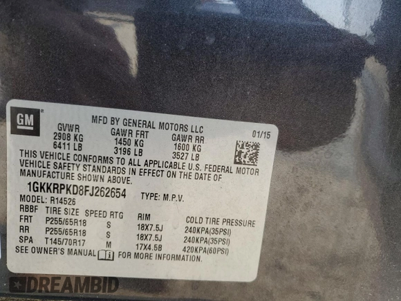 2015 GMC Acadia SLE z VIN 1GKKRPKD8FJ262654, wystawiony jako Copart lot #59273755 z przebiegiem 196 130 mil mil oraz Szkoda całkowita • Salvage title. Historia ofert i sprzedaży dostępna na DreamBid. Obrazek 13.