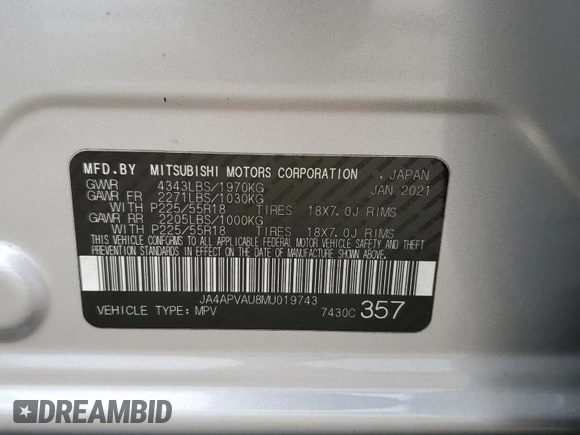 2021 Mitsubishi Outlander Sport SE with VIN JA4APVAU8MU019743, listed as a Copart auction lot 53045015 with 136,895 mi miles and Clean Title. Bid and sale history available at carsss.com. Image 13.