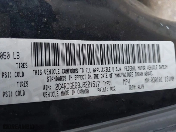 2018 Dodge Grand Caravan GT with VIN 2C4RDGEG9JR221517, listed as a IAAI auction lot 41116067 with 144,402 mi miles. Bid and sale history available at carsss.com. Image 9.