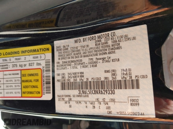 2019 Lincoln MKZ Reserve with VIN 3LN6L5EC8KR629330, listed as a IAAI auction lot 42322134 with Not provided miles and . Bid and sale history available at DreamBid. Image 9.