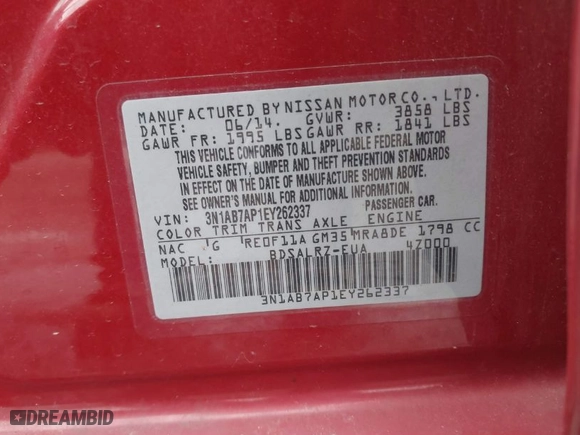 2014 Nissan Sentra SV with VIN 3N1AB7AP1EY262337, listed as a IAAI auction lot 41958717 with 132,976 mi miles. Bid and sale history available at carsss.com. Image 9.