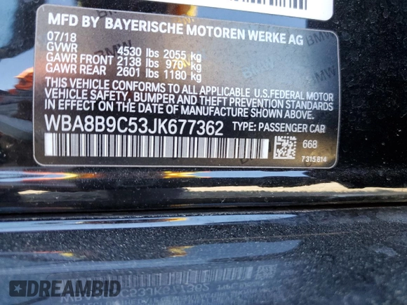 2018 BMW 3 Series 330i with VIN WBA8B9C53JK677362, listed as a Copart auction lot 61203095 with 59,724 mi miles and Salvage title. Bid and sale history available at DreamBid. Image 12.