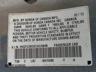 2012 Honda Civic Cpe LX with VIN 2HGFG3B5XCH530848, listed as a IAAI auction lot 41855000 with 110,145 mi miles. Bid and sale history available at carsss.com. Image 9.