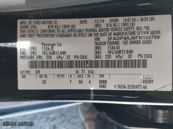 2015 Ford Fiesta S with VIN 3FADP4AJ6FM158799, listed as a IAAI auction lot 41862019 with 71,898 mi miles. Bid and sale history available at carsss.com. Image 9.