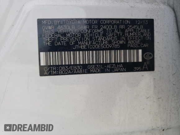 2014 Lexus IS 350 with VIN JTHBE1D20E5009785, listed as a Copart auction lot 43390055 with 163,556 mi miles and Salvage title. Bid and sale history available at DreamBid. Image 12.