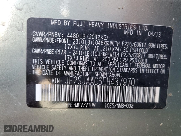 2014 Subaru Forester 2.5i с VIN JF2SJAAC6EH437970, выставлен на аукционе Copart как лот 57836235 с пробегом 99 610 миль миль и Списание • Salvage title. История ставок и продаж доступна на DreamBid. Изображение 13.