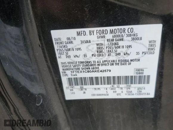2010 Ford F-150 XL с VIN 1FTEX1C80AKE42579, выставлен на аукционе Copart как лот 51700815 с пробегом 87 157 миль миль и Списание • Salvage title. История ставок и продаж доступна на DreamBid. Изображение 14.