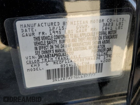 2016 Nissan Sentra SR with VIN 3N1AB7AP9GL637777, listed as a Copart auction lot 52360555 with 84,159 mi miles and Salvage Title. Bid and sale history available at DreamBid. Image 13.