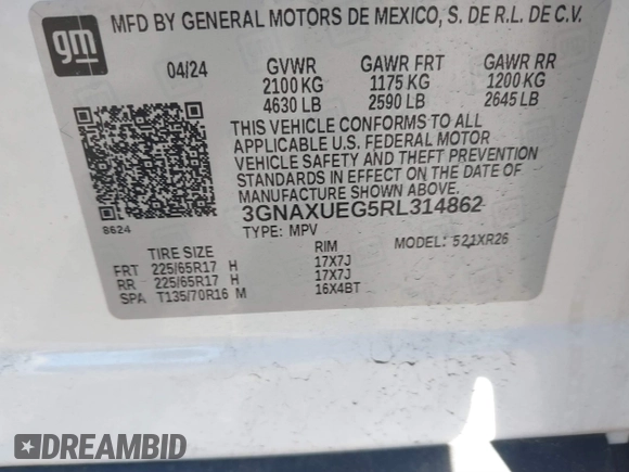 2024 Chevrolet Equinox LT with VIN 3GNAXUEG5RL314862, listed as a IAAI auction lot 41803691 with 13,841 mi miles. Bid and sale history available at carsss.com. Image 9.