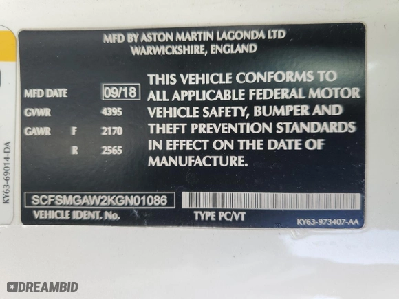 2019 Aston Martin Vantage with VIN SCFSMGAW2KGN01086, listed as a Copart auction lot 46717915 with 20,763 mi miles and Salvage Title. Bid and sale history available at carsss.com. Image 12.