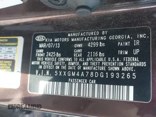 2013 Kia Optima LX with VIN 5XXGM4A78DG193265, listed as a IAAI auction lot 41940958 with 108,284 mi miles. Bid and sale history available at carsss.com. Image 9.