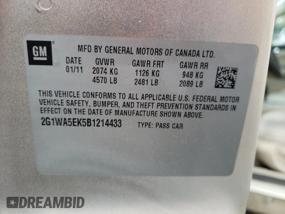 2011 Chevrolet Impala LS Retail with VIN 2G1WA5EK5B1214433, listed as a Copart auction lot 55327725 with 128,162 mi miles and Salvage Title. Bid and sale history available at DreamBid. Image 13.