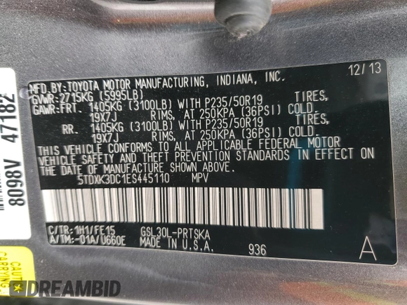 2014 Toyota Sienna SE with VIN 5TDXK3DC1ES445110, listed as a Copart auction lot 49928895 with 127,087 mi miles and Salvage Title. Bid and sale history available at DreamBid. Image 14.