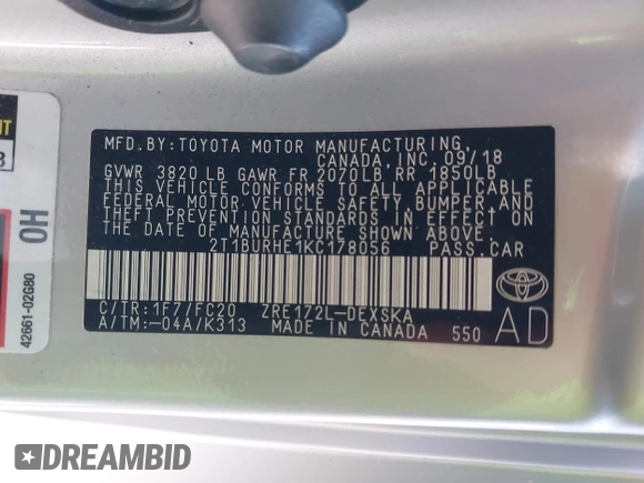 2019 Toyota Corolla L z VIN 2T1BURHE1KC178056, wystawiony jako IAAI lot #42116388 z przebiegiem 28 141 mil mil oraz . Historia ofert i sprzedaży dostępna na DreamBid. Obrazek 9.