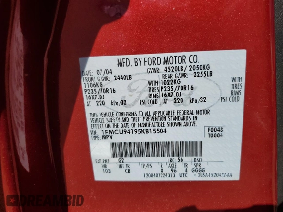 2005 Ford Escape Limited z VIN 1FMCU94195KB15504, wystawiony jako Copart lot #47258875 z przebiegiem 115 263 mil mil oraz Szkoda całkowita • Salvage title. Historia ofert i sprzedaży dostępna na DreamBid. Obrazek 13.