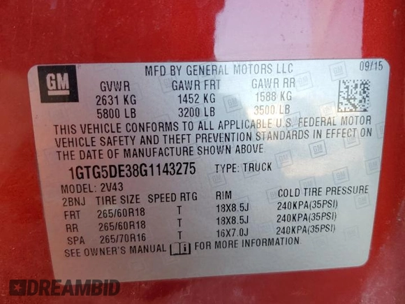 2016 GMC Canyon 2WD SLT with VIN 1GTG5DE38G1143275, listed as a Copart auction lot 84884364 with 131,332 mi miles and Salvage Title. Bid and sale history available at carsss.com. Image 12.