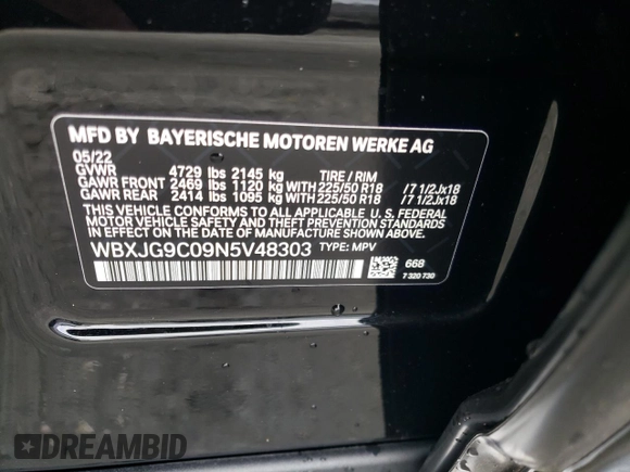 2022 BMW X1 xDrive28i with VIN WBXJG9C09N5V48303, listed as a Copart auction lot 60215072 with 1,643 mi miles. Bid and sale history available at carsss.com. Image 10.