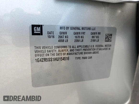 2017 Buick LaCrosse Premium with VIN 1G4ZR5SS1HU154516, listed as a Copart auction lot 60444115 with Not provided miles and Salvage title. Bid and sale history available at DreamBid. Image 12.