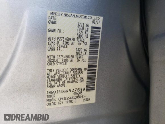 2017 Nissan Titan SL with VIN 1N6AA1E6XHN527639, listed as a Copart auction lot 85644444 with 165,243 mi miles and Salvage title. Bid and sale history available at DreamBid. Image 14.