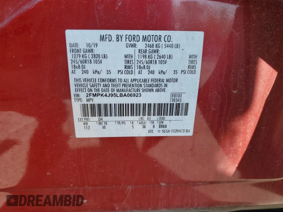 2020 Ford Edge SEL z VIN 2FMPK4J95LBA06923, wystawiony jako Copart lot #55591245 z przebiegiem 70 889 mil mil oraz Szkoda całkowita • Salvage title. Historia ofert i sprzedaży dostępna na DreamBid. Obrazek 13.