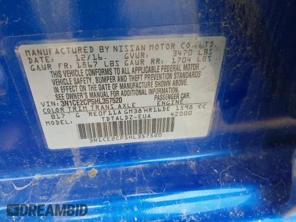 2017 Nissan Note SV z VIN 3N1CE2CP5HL357520, wystawiony jako IAAI lot #41991218 z przebiegiem 106 539 mil mil oraz . Historia ofert i sprzedaży dostępna na DreamBid. Obrazek 9.