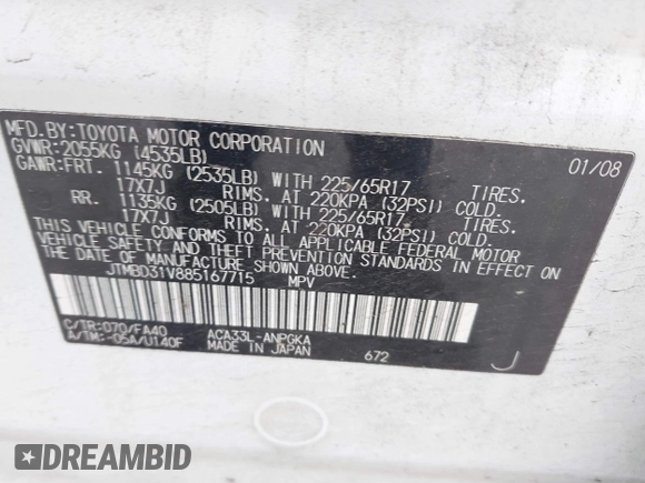 2008 Toyota RAV4 Ltd with VIN JTMBD31V885167715, listed as a IAAI auction lot 42160981 with 186,171 mi miles. Bid and sale history available at carsss.com. Image 9.
