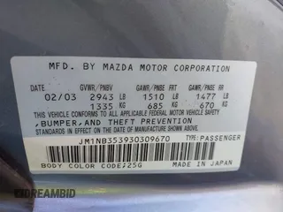 2003 Mazda MX-5 Miata Cloth with VIN JM1NB353930309670, listed as a IAAI auction lot 42234586 with 220,979 mi miles and . Bid and sale history available at DreamBid. Image 9.
