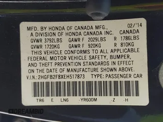 2014 Honda Civic Sedan EX with VIN 2HGFB2F8XEH517873, listed as a IAAI auction lot 42181326 with Not Provided miles. Bid and sale history available at carsss.com. Image 9.