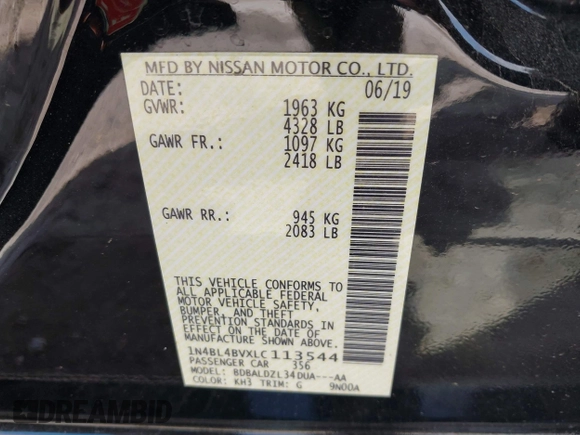 2020 Nissan Altima S with VIN 1N4BL4BVXLC113544, listed as a IAAI auction lot 42215435 with 76,291 mi miles and . Bid and sale history available at DreamBid. Image 9.