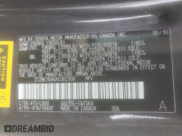 2010 Lexus RX 350 with VIN 2T2BK1BA6AC062908, listed as a Copart auction lot 52739005 with 124,793 mi miles and Salvage Title. Bid and sale history available at DreamBid. Image 12.