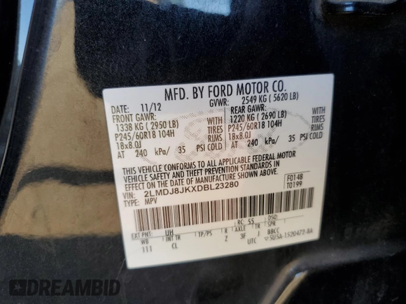 2013 Lincoln MKX with VIN 2LMDJ8JKXDBL23280, listed as a Copart auction lot 60703924 with 150,140 mi miles and Salvage Title. Bid and sale history available at DreamBid. Image 13.
