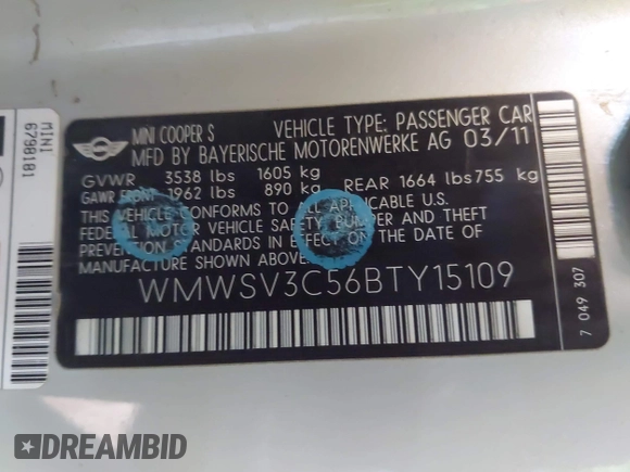 2011 MINI Hardtop S с VIN WMWSV3C56BTY15109, выставлен на аукционе IAAI как лот 42506082 с пробегом 93 443 миль миль и . История ставок и продаж доступна на DreamBid. Изображение 9.