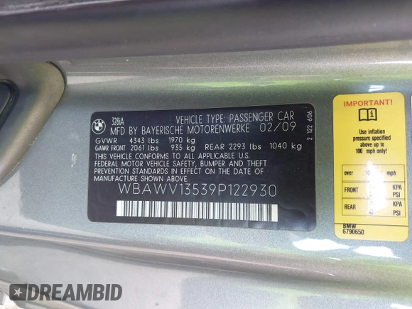 2009 BMW 3 Series 328i with VIN WBAWV13539P122930, listed as a IAAI auction lot 41970289 with 54,151 mi miles and . Bid and sale history available at DreamBid. Image 9.