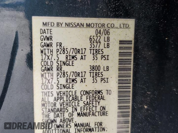 2006 Nissan Titan LE z VIN 1N6BA07B16N557411, wystawiony jako Copart lot #86058634 z przebiegiem 263 198 mil mil oraz Szkody całkowita. Historia ofert i sprzedaży dostępna na DreamBid. Obrazek 12.