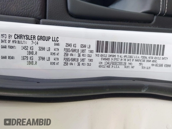 2014 Jeep Grand Cherokee Limited with VIN 1C4RJFBG5EC555128, listed as a IAAI auction lot 42129958 with 98,237 mi miles. Bid and sale history available at carsss.com. Image 9.